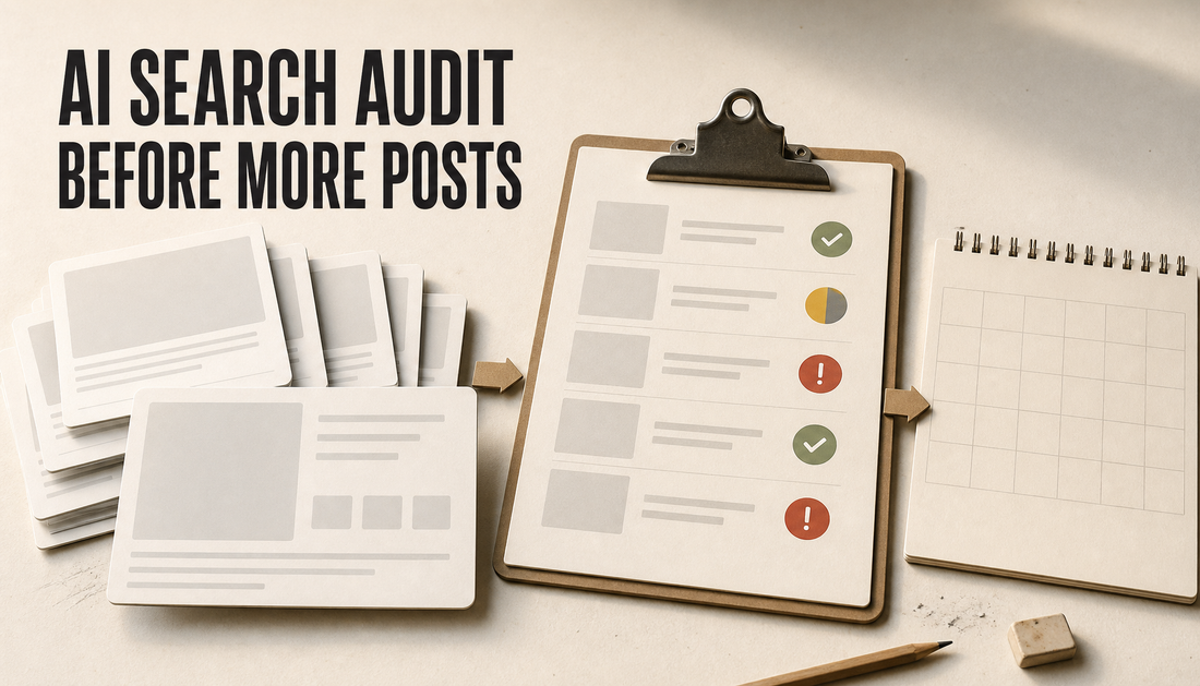Editorial hero showing existing Shopify content cards paused at an audit checklist before a blank content calendar, with the headline AI Search Audit Before More Posts.