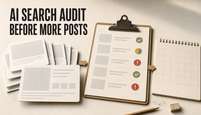 Editorial hero showing existing Shopify content cards paused at an audit checklist before a blank content calendar, with the headline AI Search Audit Before More Posts.