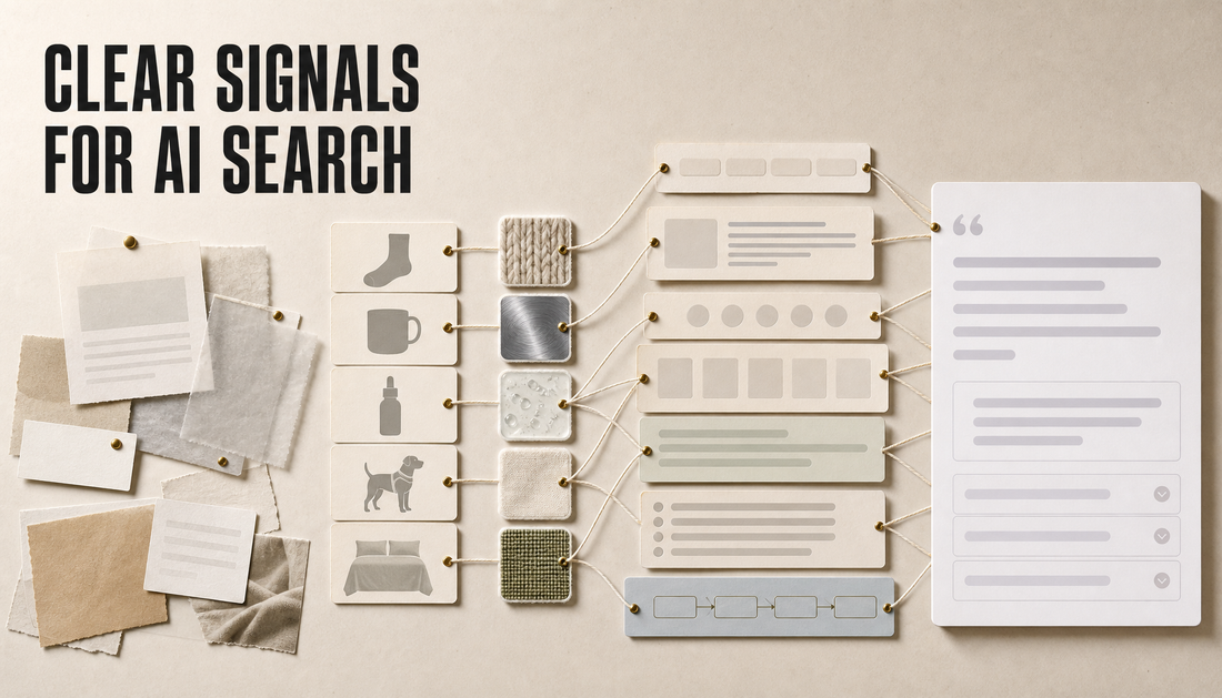 Editorial hero image showing scattered ecommerce content cards being organized into a structured AI-search interpretation stack, with the headline Clear Signals for AI Search.