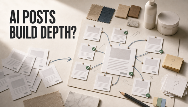 Editorial hero showing loose AI draft cards becoming a reviewed, internally linked Shopify blog topic cluster, with the headline AI POSTS BUILD DEPTH?