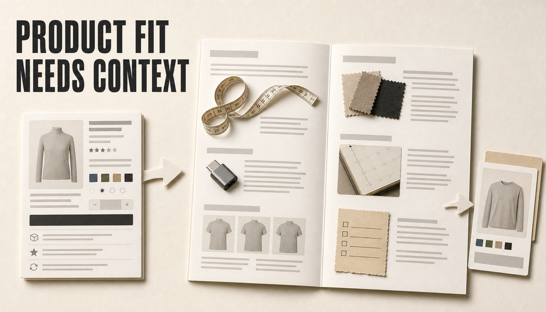 Editorial hero image showing a busy product page card handing off to a spacious blog article spread that explains product fit with sizing, material, compatibility, occasion, and g...