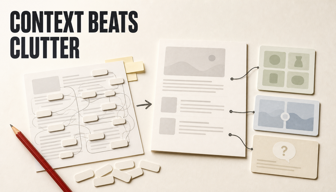 Editorial hero showing a cluttered blog draft being cleaned into a calmer product-aware article layout, with the headline Context Beats Clutter.