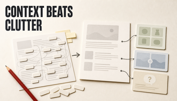 Editorial hero showing a cluttered blog draft being cleaned into a calmer product-aware article layout, with the headline Context Beats Clutter.