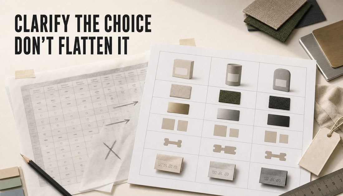 Editorial hero showing a crowded comparison grid being refined into a clearer buyer-decision table, with the headline “CLARIFY THE CHOICE / DON’T FLATTEN IT.”