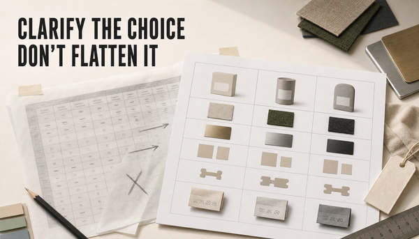 Editorial hero showing a crowded comparison grid being refined into a clearer buyer-decision table, with the headline “CLARIFY THE CHOICE / DON’T FLATTEN IT.”