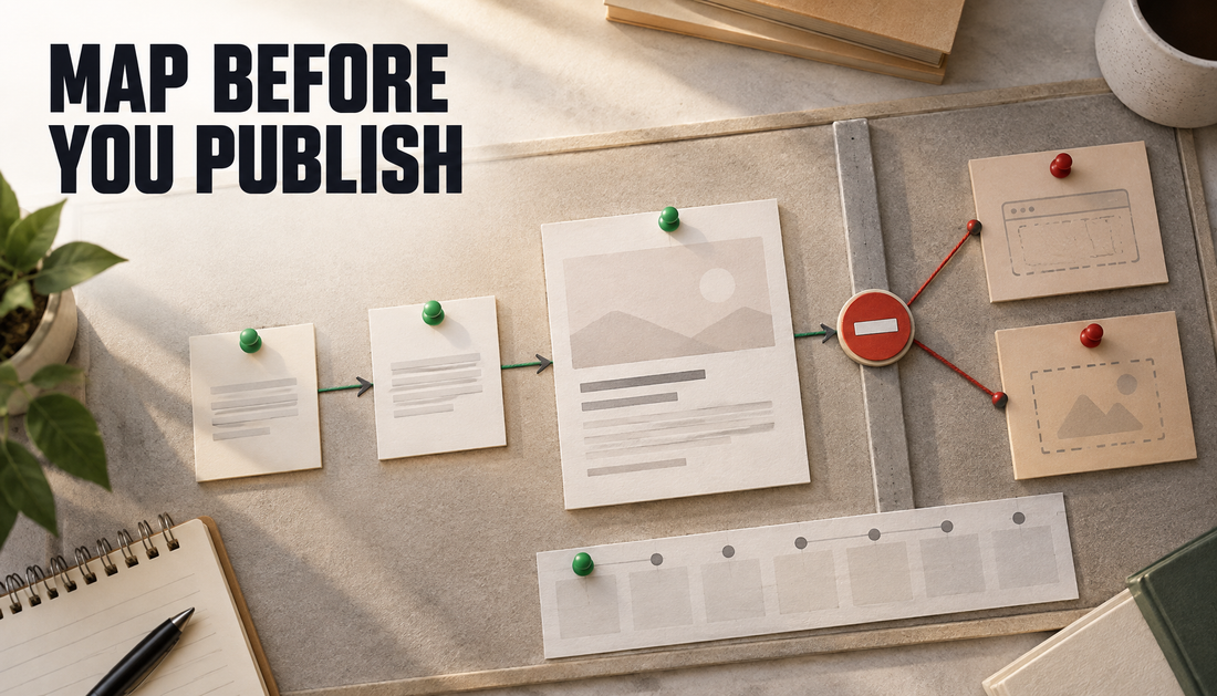 Editorial paper workflow board showing a Shopify article card stopped at a publish gate by missing dependency cards, with the headline MAP BEFORE YOU PUBLISH.