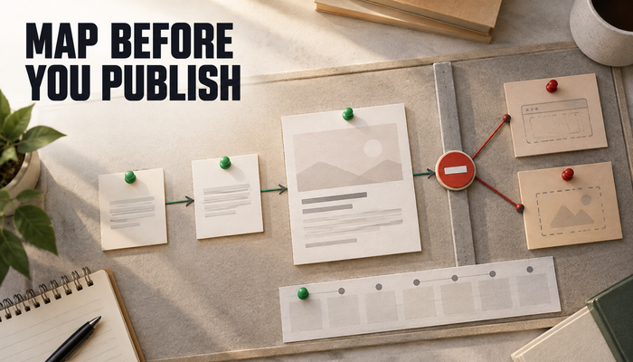 Editorial paper workflow board showing a Shopify article card stopped at a publish gate by missing dependency cards, with the headline MAP BEFORE YOU PUBLISH.