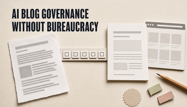 Editorial hero image showing an AI blog draft moving through a lightweight approval checklist into a clean Shopify article card, with the headline AI Blog Governance Without Burea...