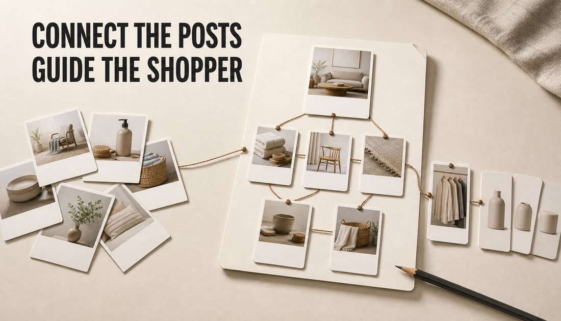 Editorial tabletop hero showing scattered Shopify blog article cards organized into a connected content hub that guides a shopper from questions to comparisons and product context.