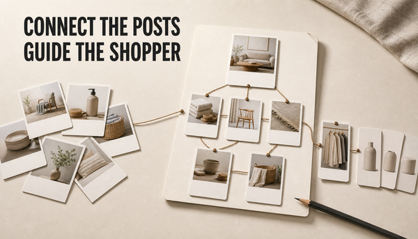 Editorial tabletop hero showing scattered Shopify blog article cards organized into a connected content hub that guides a shopper from questions to comparisons and product context.