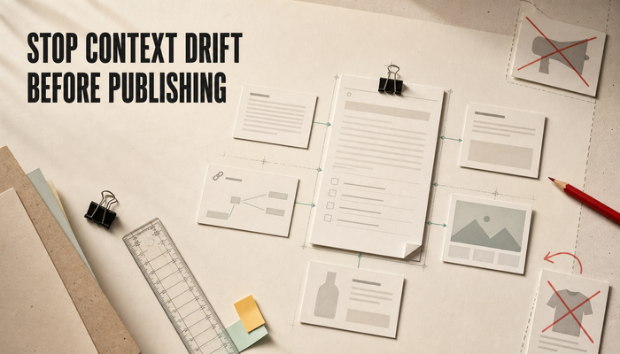 Editorial desk scene with a central article record aligning surrounding publishing cards while two offset cards show context drift, with headline text reading Stop Context Drift B...