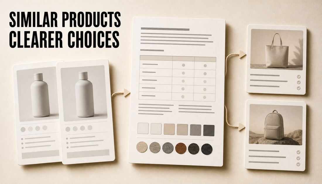 Editorial hero showing two similar blank product cards clarified by a central blog article card into two shopper decision paths, with the headline Similar Products Clearer Choices.