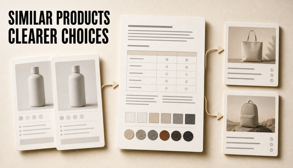 Editorial hero showing two similar blank product cards clarified by a central blog article card into two shopper decision paths, with the headline Similar Products Clearer Choices.