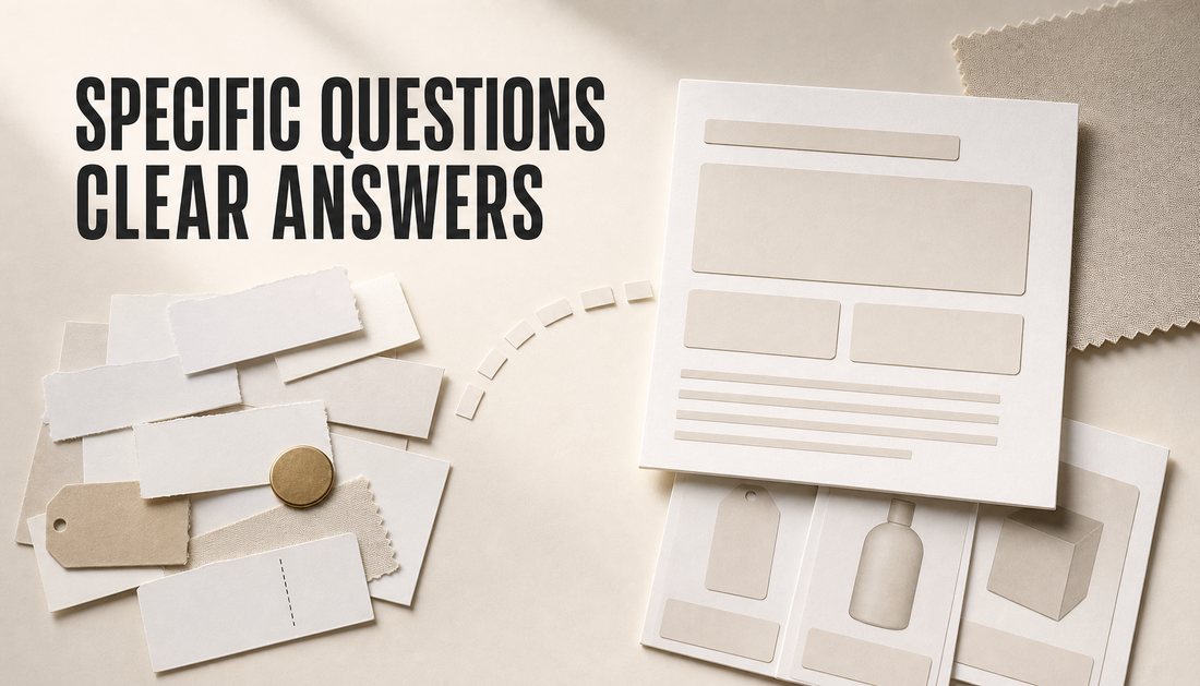 Editorial Shopify blog hero showing scattered blank shopper-question cards turning into one structured answer article card, with the headline Specific Questions, Clear Answers.