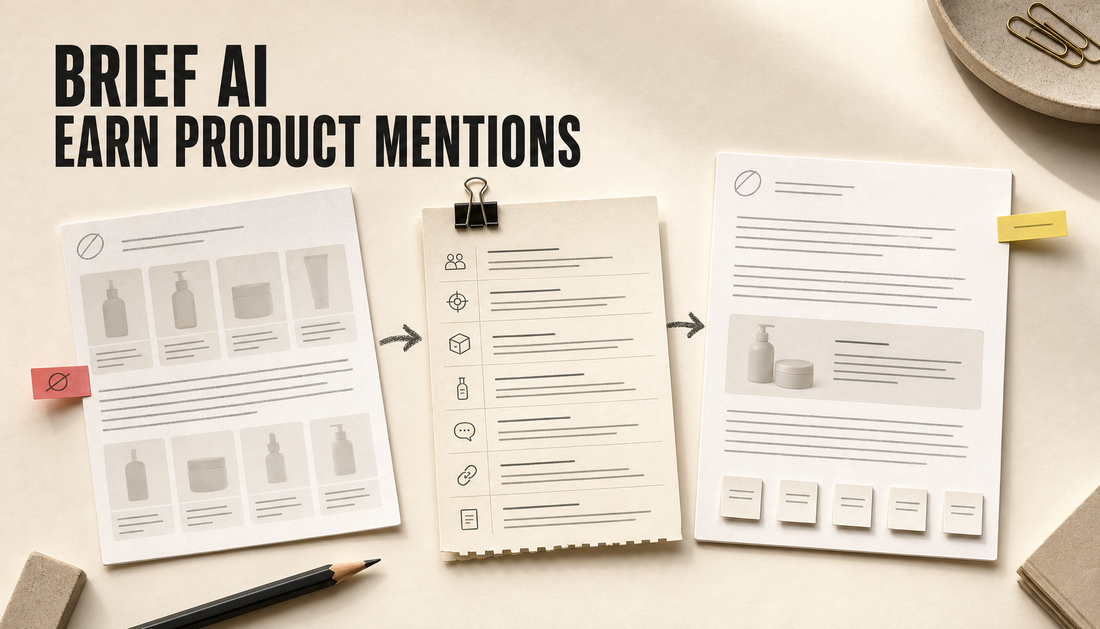 Editorial hero image showing a messy AI draft filtered through a structured brief into a cleaner Shopify article draft with natural product context.