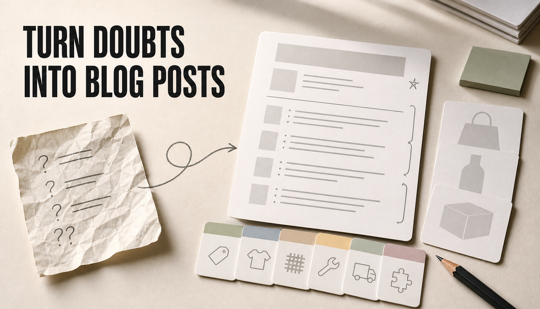Editorial desk scene where a crumpled customer objection note is transformed into a structured Shopify blog article card supported by evidence cards for price, fit, materials, set...