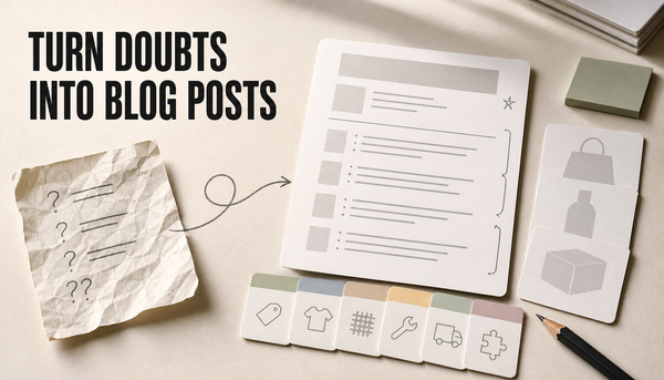 Editorial desk scene where a crumpled customer objection note is transformed into a structured Shopify blog article card supported by evidence cards for price, fit, materials, set...