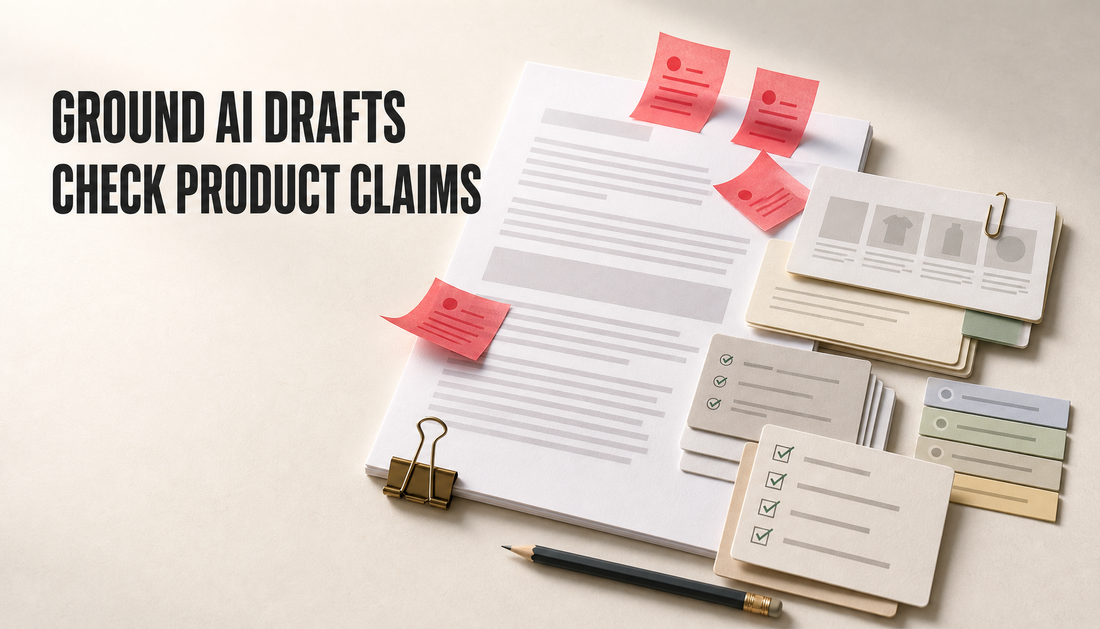 Editorial hero image of an AI draft page being checked against source cards, support notes, past article cards, link strips, and a checklist, with the headline Ground AI Drafts, C...