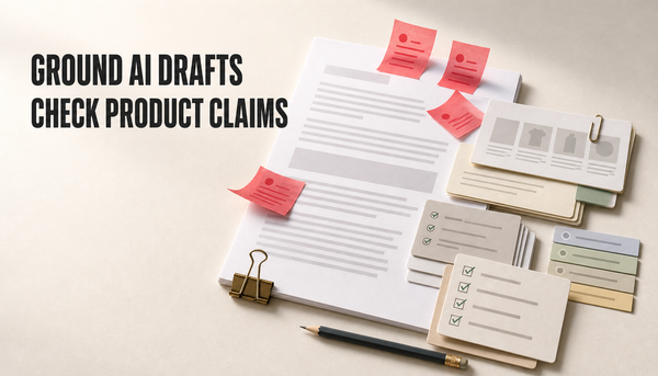 Editorial hero image of an AI draft page being checked against source cards, support notes, past article cards, link strips, and a checklist, with the headline Ground AI Drafts, C...