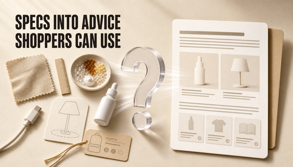 Editorial hero image showing product specification props passing through a clear question lens and becoming an organized buying advice card, with the headline Specs Into Advice, S...