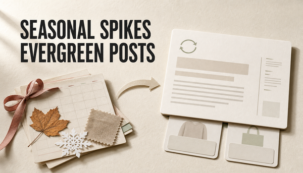 Editorial hero showing seasonal calendar cards and holiday cues being transformed into an evergreen blog guide card with refresh and product-link tabs.