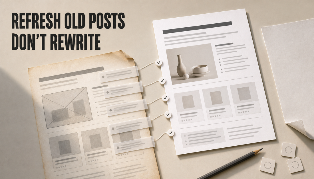Editorial hero image of an old blog post card being selectively refreshed into an updated article card, with a blank rewrite page pushed aside and the headline Refresh Old Posts,...