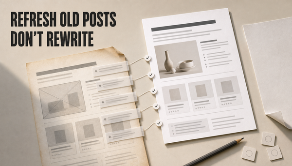 Editorial hero image of an old blog post card being selectively refreshed into an updated article card, with a blank rewrite page pushed aside and the headline Refresh Old Posts,...