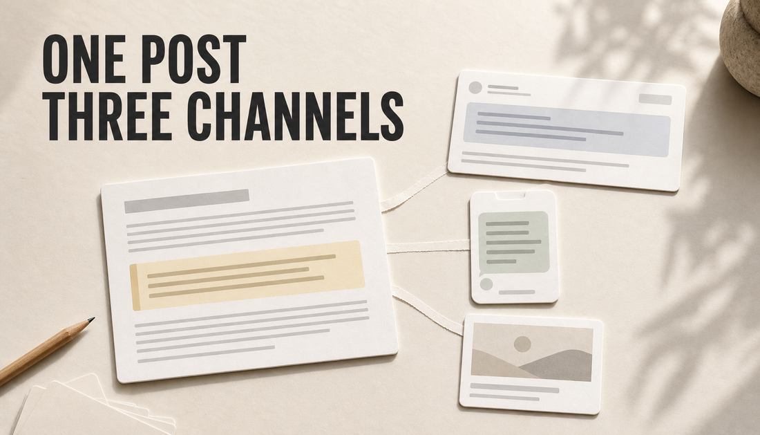 Editorial hero image showing one finished blog post card being adapted into three smaller cards for email, SMS, and retargeting, with the headline One Post, Three Channels.