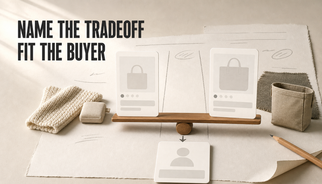 Editorial Shopify blog hero showing blank product cards balanced on a board to explain product tradeoffs and buyer fit.