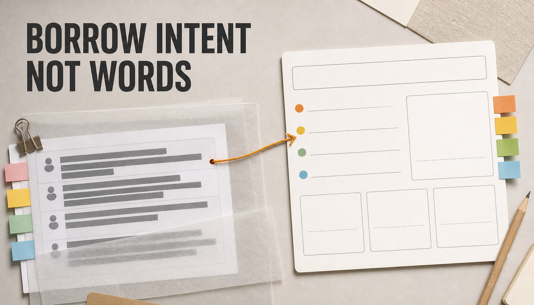Editorial desk scene showing a redacted competitor question sheet transformed into an original Shopify article brief, with the headline Borrow Intent Not Words.