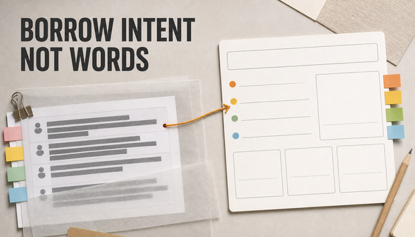 Editorial desk scene showing a redacted competitor question sheet transformed into an original Shopify article brief, with the headline Borrow Intent Not Words.
