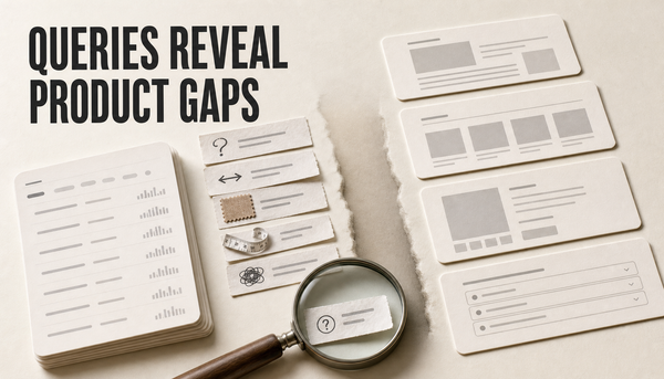 Editorial hero image showing search-query slips sorted into blank Shopify content cards, with a magnifying glass highlighting a product discovery gap.