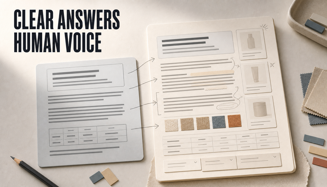 Editorial hero showing a grey robotic answer card being transformed into a warmer annotated Shopify article card, with the headline Clear Answers Human Voice.