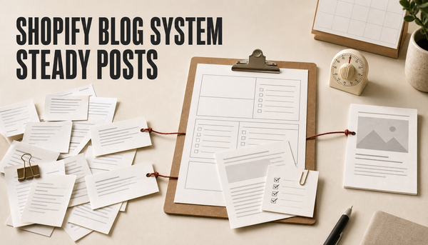 Editorial hero image showing scattered blog task cards organized into a repeatable Shopify blog system that produces steady publish-ready posts.