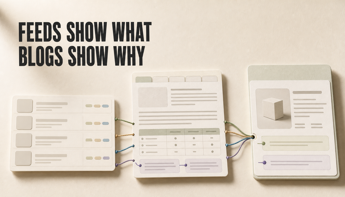 Editorial hero showing product feed and blog content cards linking into one discovery result, with headline: Feeds show what, blogs show why.