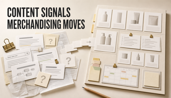 Editorial planning desk showing blog signal cards being organized into a merchandising board for collections, bundles, comparisons, and launches, with the headline Content Signals...