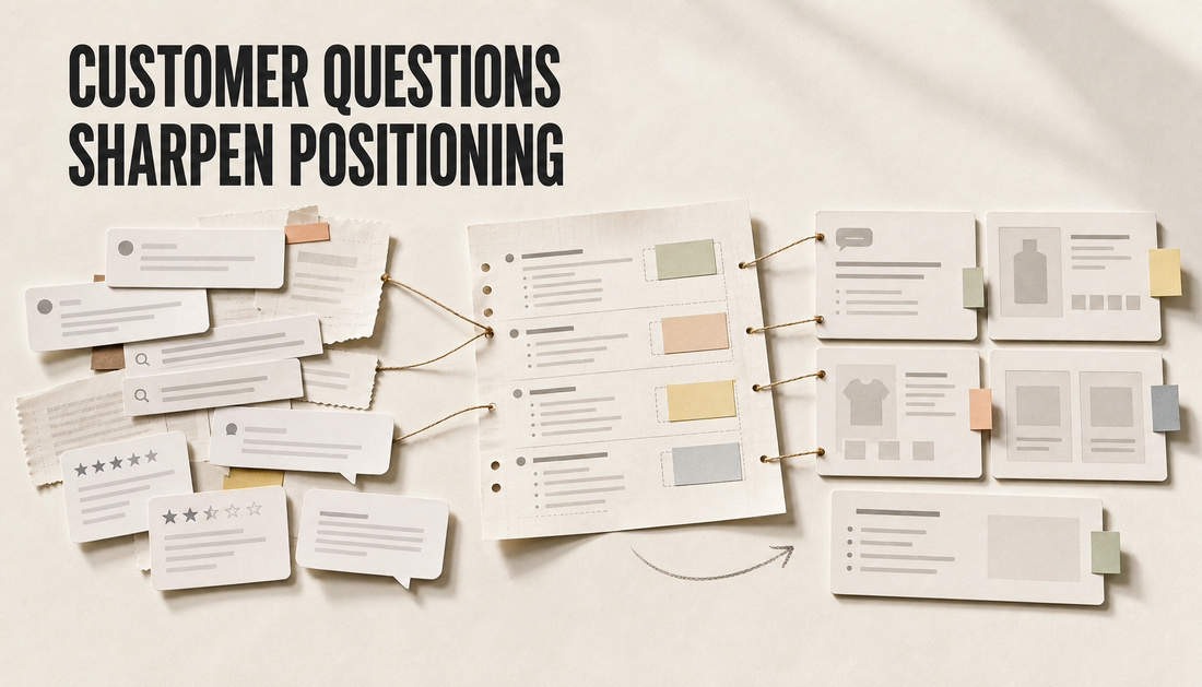 Editorial tabletop scene where messy customer question cards are organized into blog planning and cleaner product messaging cards, with the headline Customer Questions Sharpen Pos...