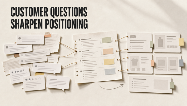 Editorial tabletop scene where messy customer question cards are organized into blog planning and cleaner product messaging cards, with the headline Customer Questions Sharpen Pos...