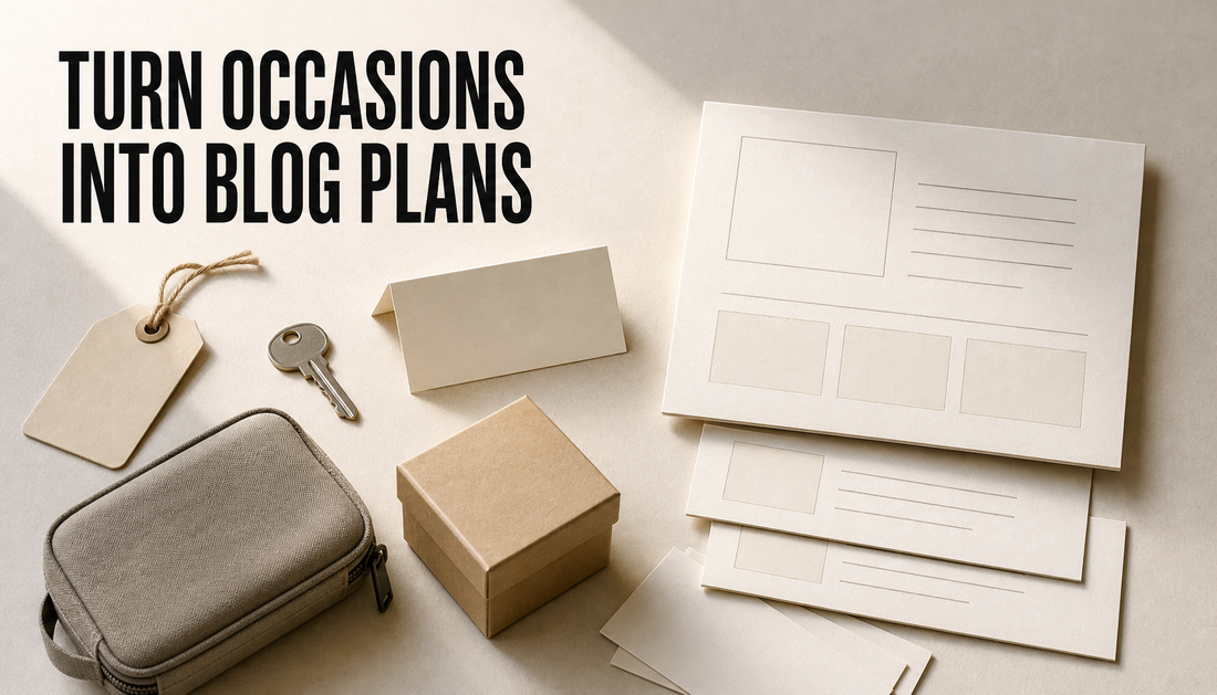 Editorial planning table where loose occasion and gift cues are organized into a structured Shopify blog brief, with the headline TURN OCCASIONS INTO BLOG PLANS.