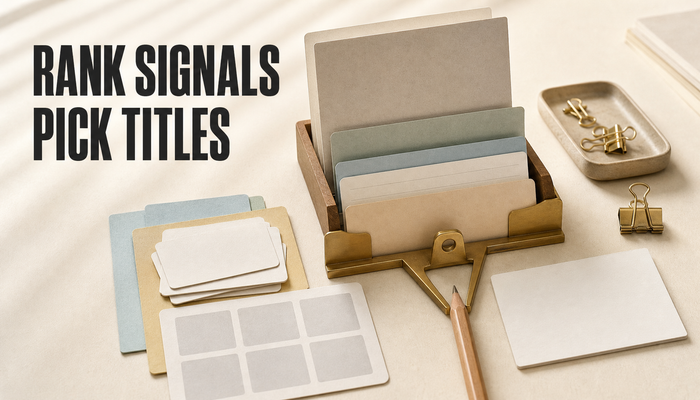 Editorial hero image of blank content-signal cards being sorted through a priority hierarchy into one chosen Shopify article title card, with the headline Rank Signals Pick Titles.