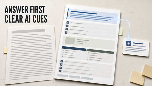 Editorial hero showing a messy Shopify blog draft transformed into a structured answer-first article card feeding a clean AI answer card, with the headline Answer First, Clear AI...