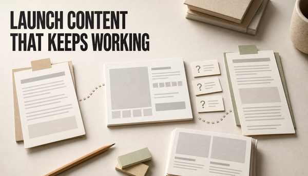 Editorial paper-card scene showing a blank product page supported by blog content cards before, during, and after a Shopify product launch.