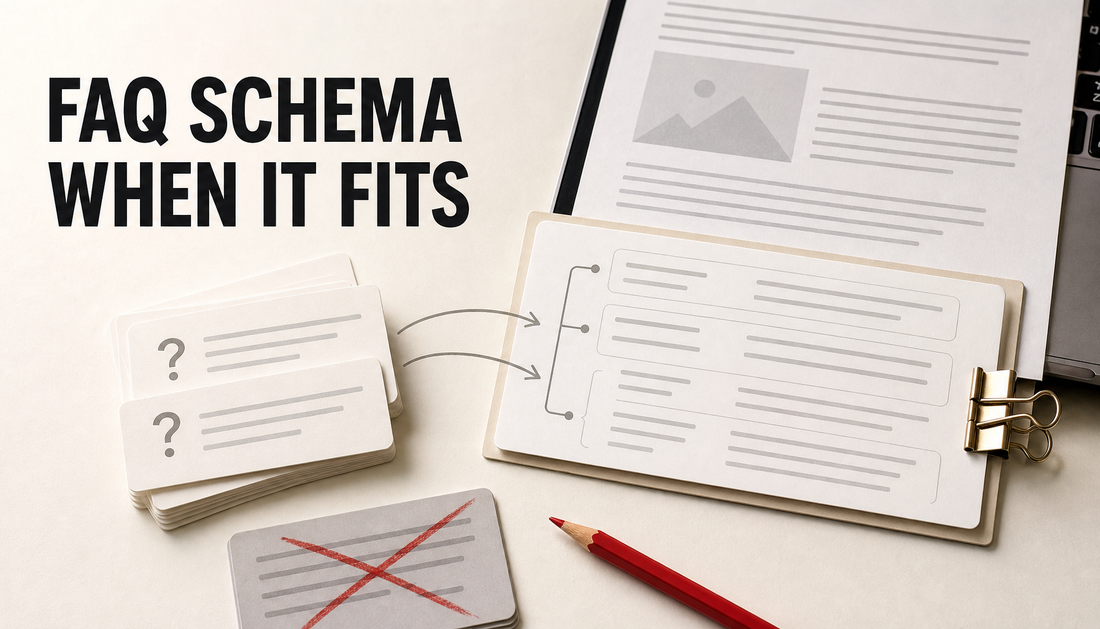 Editorial hero image showing real question cards becoming a structured FAQ schema card for a Shopify blog post, with the headline FAQ Schema When It Fits.