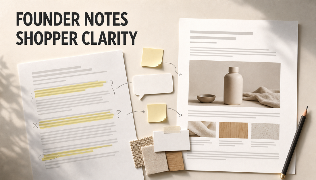 Editorial hero showing a generic blog draft revised with founder notes into a clearer shopper-focused article, with the headline Founder Notes, Shopper Clarity.