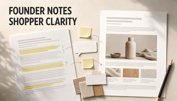 Editorial hero showing a generic blog draft revised with founder notes into a clearer shopper-focused article, with the headline Founder Notes, Shopper Clarity.