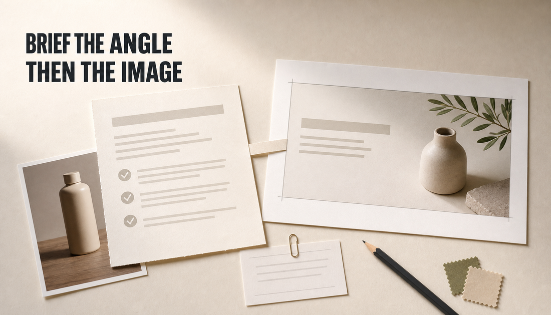 Editorial desk scene showing an article brief guiding a blog hero image layout while a generic product photo is set aside.