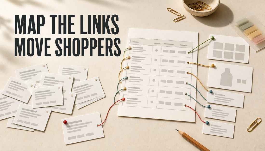 Editorial hero image of scattered blog cards being organized into a simple internal linking map with threads connecting article rows to generic collection, product, and supporting...
