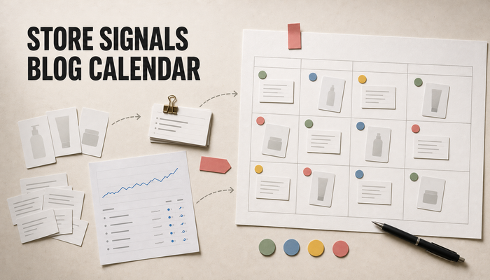 Editorial planning scene where scattered store signal cards are organized into a four-week Shopify blog calendar, with the headline Store Signals Blog Calendar.