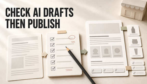 Editorial desk scene showing an AI blog draft moving through a review checklist into a publish-ready Shopify article card.