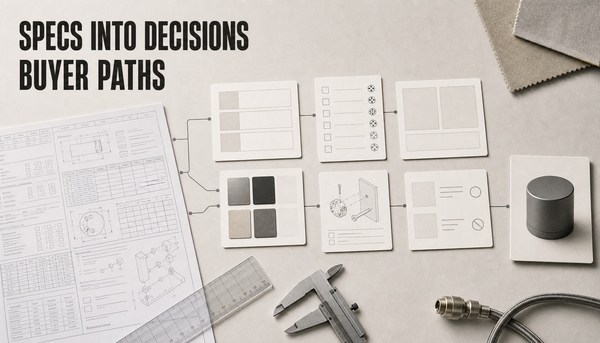 Editorial hero showing a dense technical spec sheet translated into clean buyer decision cards and a generic product path, with the headline Specs Into Decisions Buyer Paths.